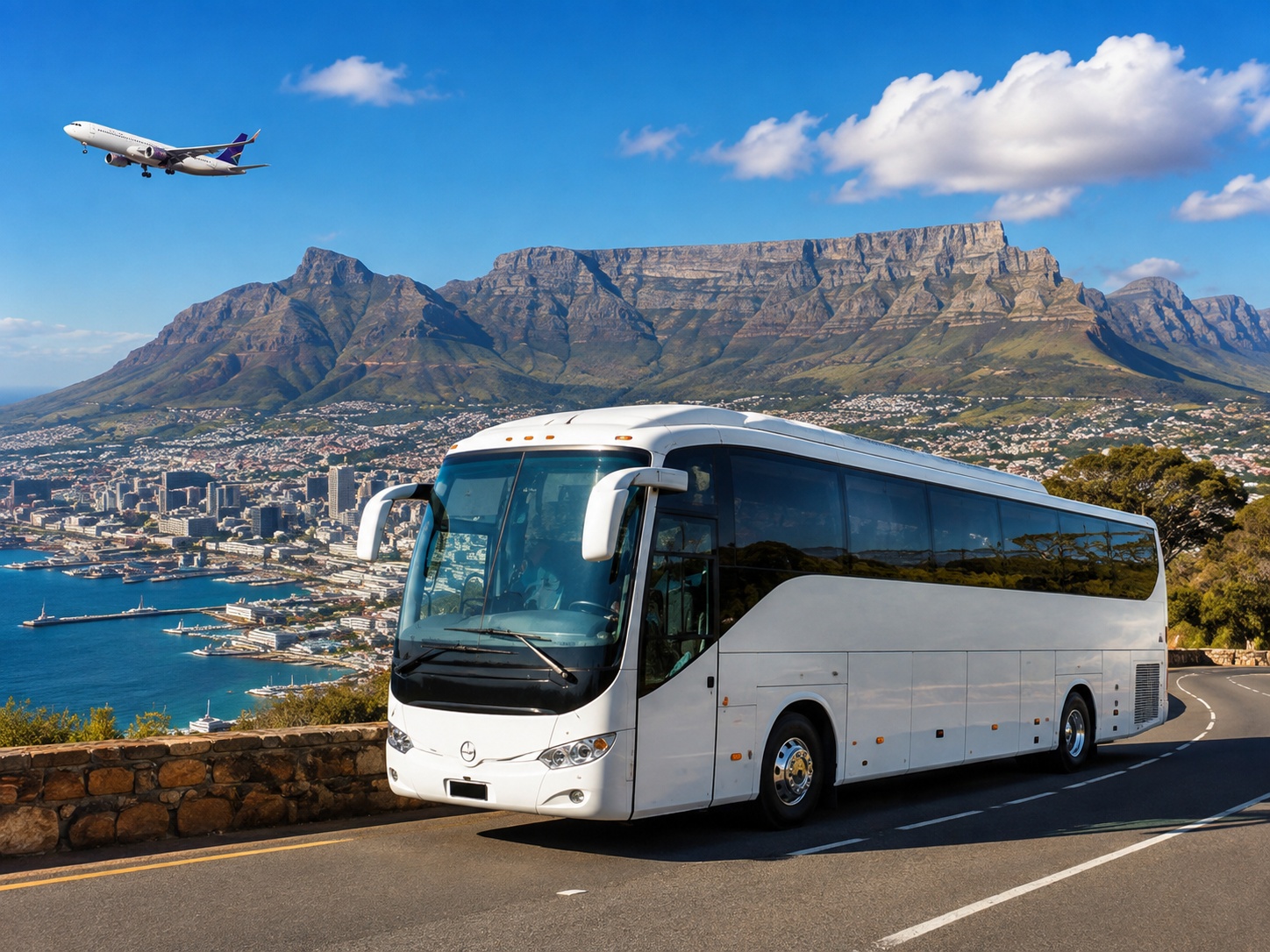 White tour coach overlooking Cape Town and Table Mountain